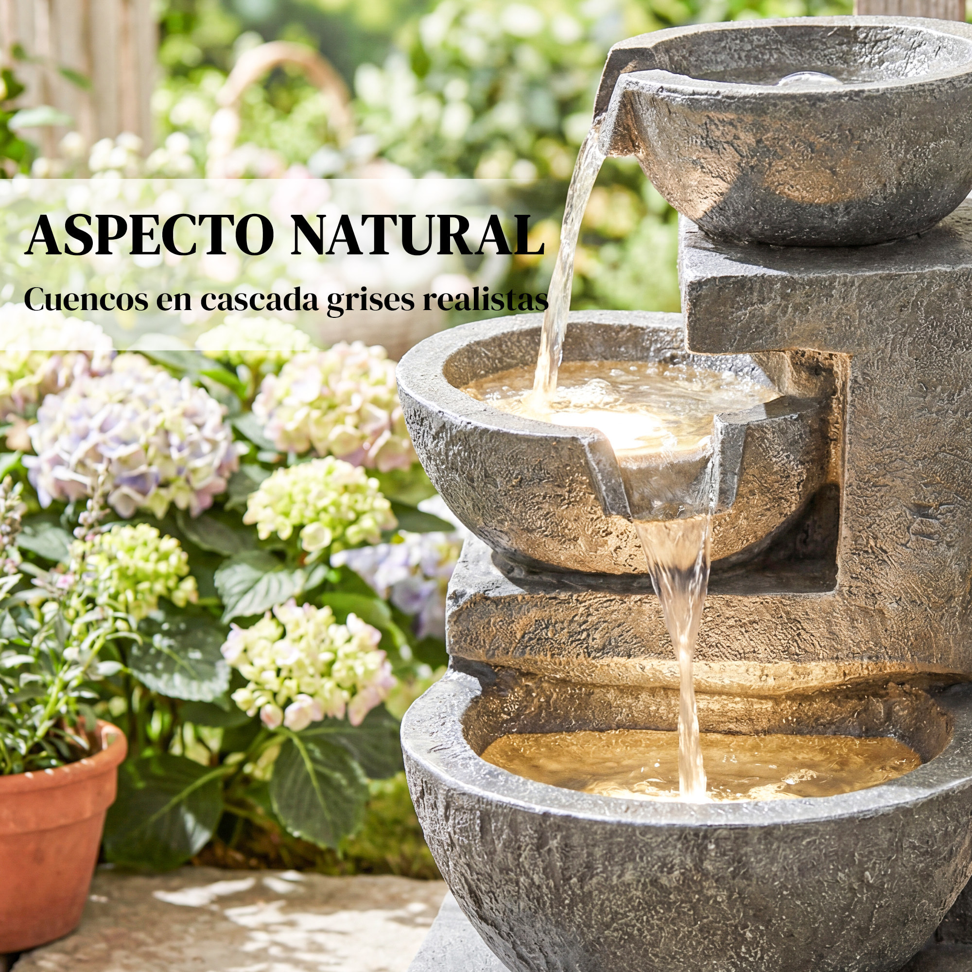 Fuente de Agua Decorativa con Iluminación LED y Bomba, Fuente de Jardín Exteror en Cascada de 3 Niveles, Resistente a la intemperie, para Jardín, Patio, Terraza, 40x37x61 cm, Multicolor