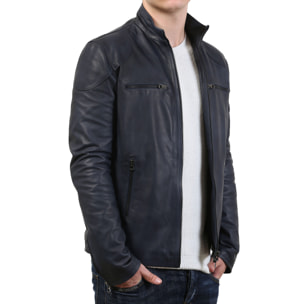 Giubbino in pelle di vitello tamponato Blu-Slim Fit