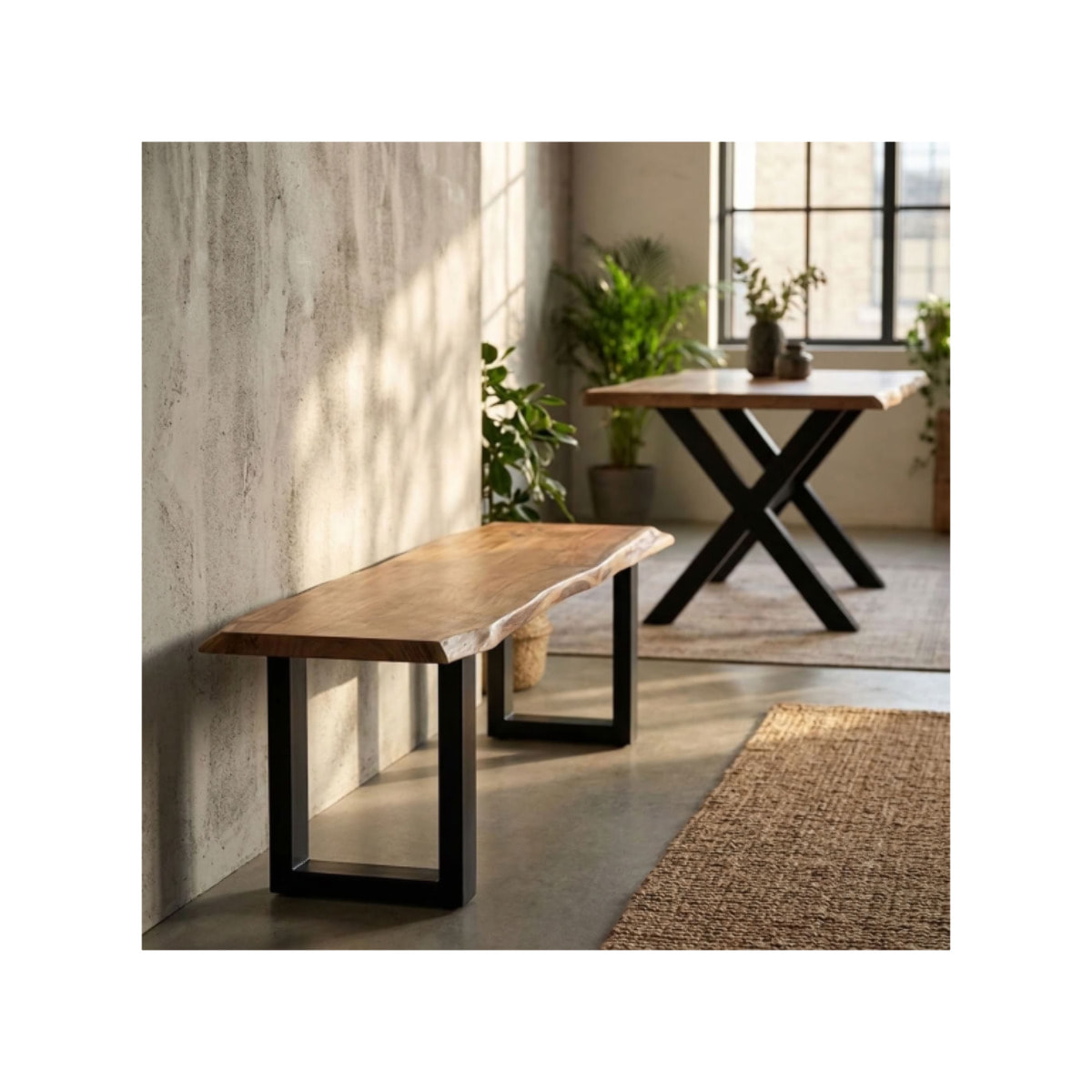 Banc 190 cm en bois d'acacia massif et pieds en métal noir - WOOD