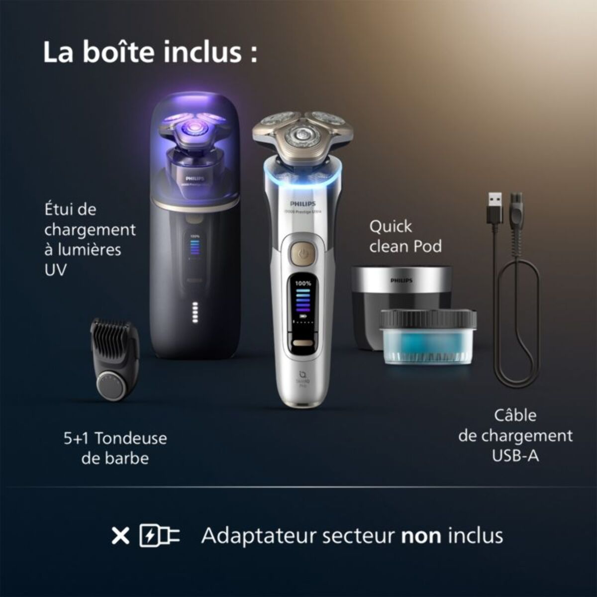 Rasoir Rech PHILIPS XP9404/46 Serie i9000 prestige ultra 100 % étanche avec Skin IQ et boitier de recharge UV