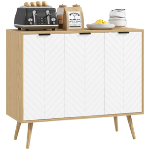 Aparador de Cocina Mueble Auxiliar de Cocina con 3 Puertas con Patrón de Espiga Patas de Madera y Estantes Ajustables Mueble Buffet para Comedor Salón 91,5x35x77,4 cm Blanco y Natural