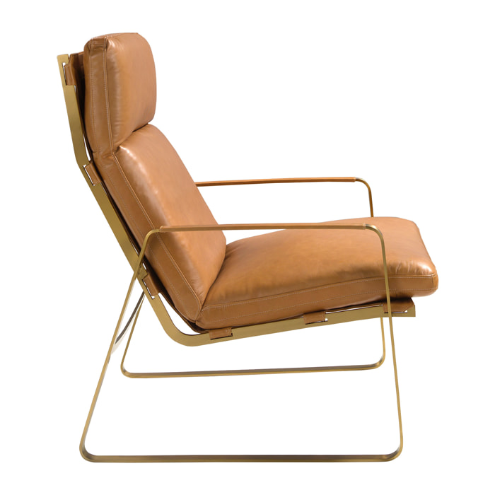Sillón Angel Cerdá con reposabrazos con asiento y respaldo tapizados en piel de origen vacuno en camel patas de acero inoxidable en dorado 69x89x101cm