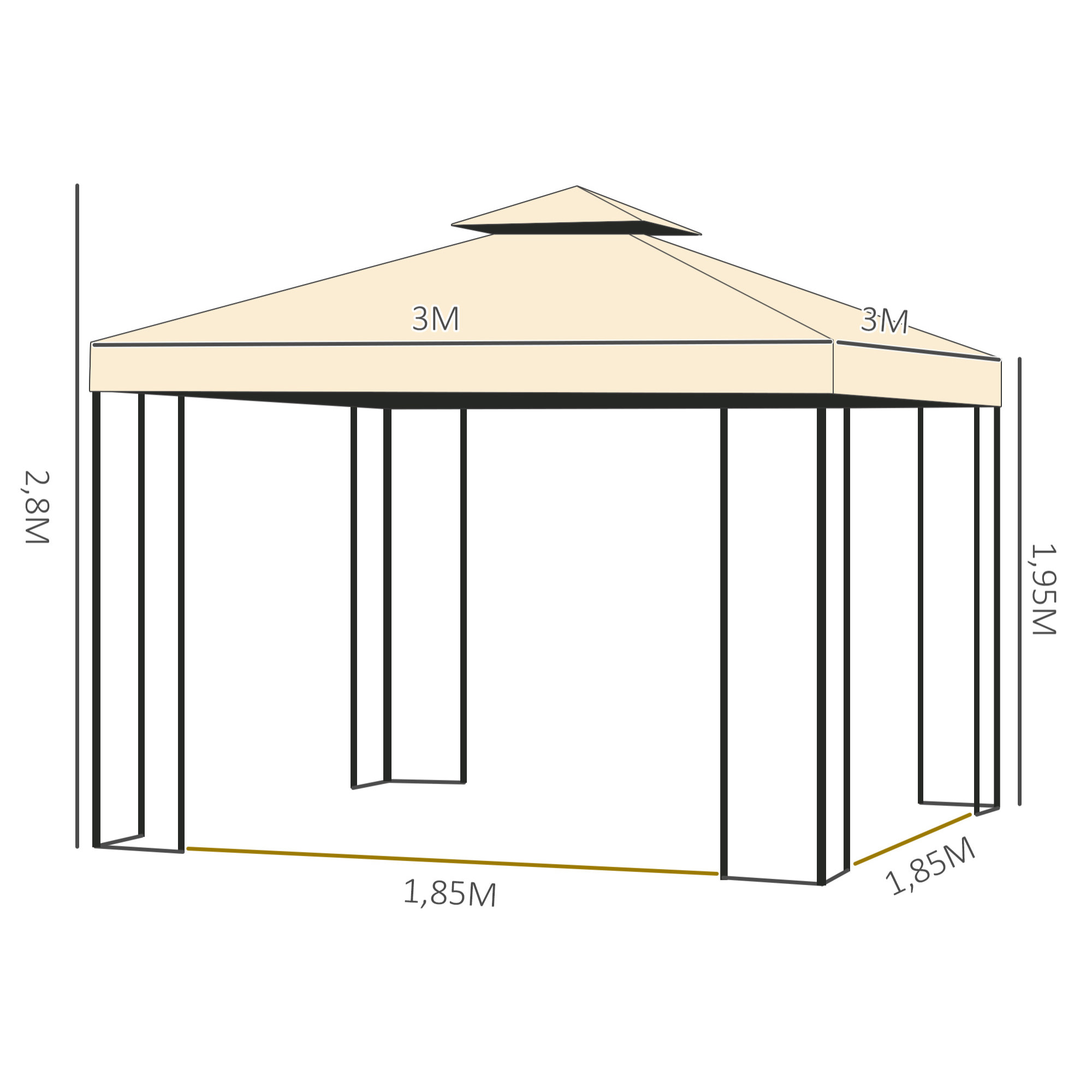 Cenador de Jardín 3x3x2,72 m Gazebo Carpas para Exterior Grandes con Doble Techo Mosquiteras y Marco de Acero para Patio Fiesta Beige