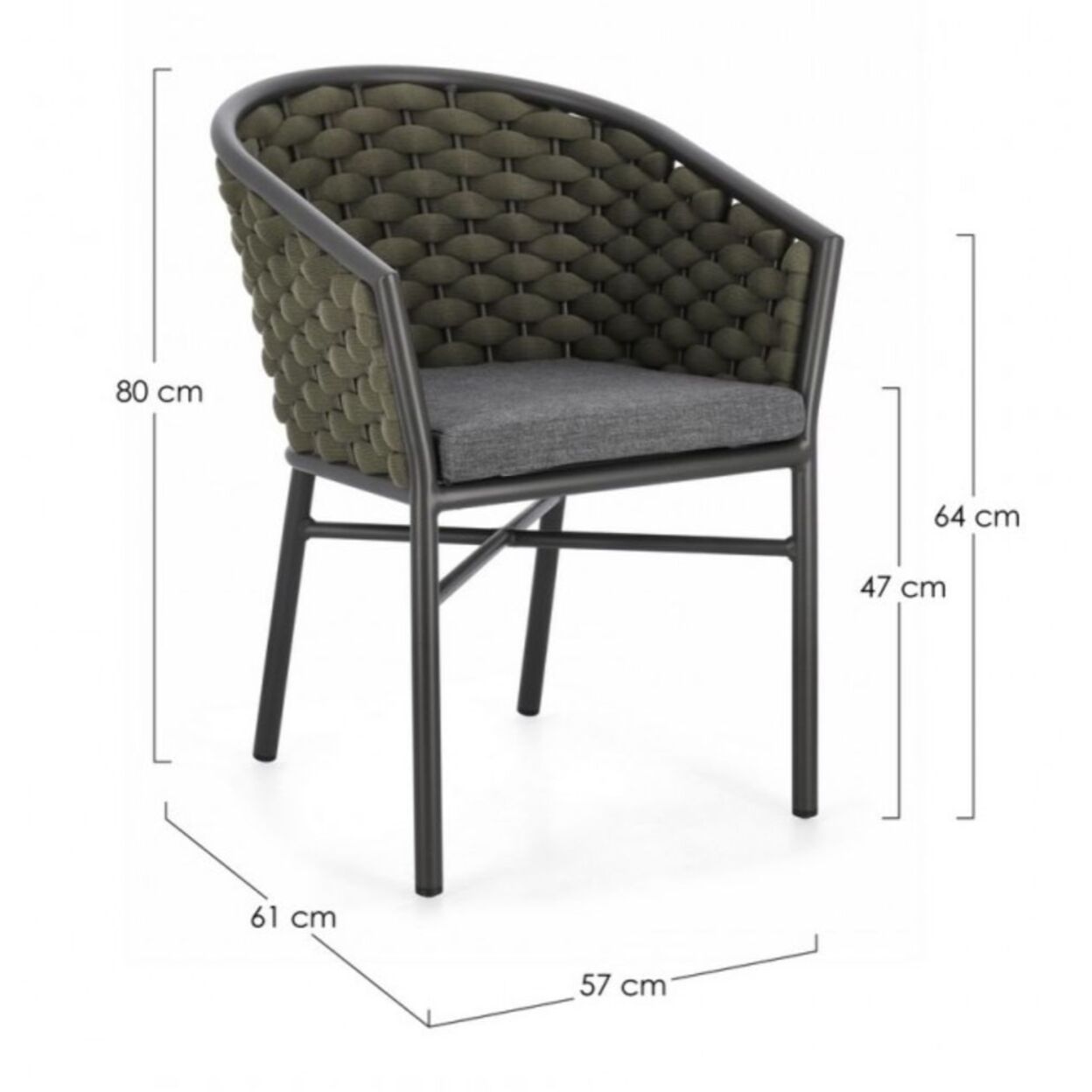 Set di 4 poltroncine MARGALIDA in alluminio antracite con intreccio in corda verde, con braccioli