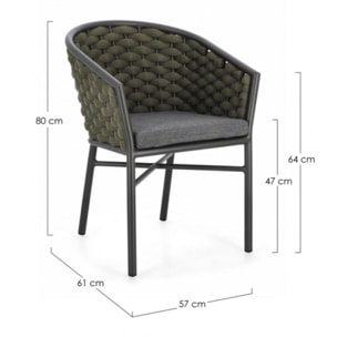 Set di 4 poltroncine MARGALIDA in alluminio antracite con intreccio in corda verde, con braccioli