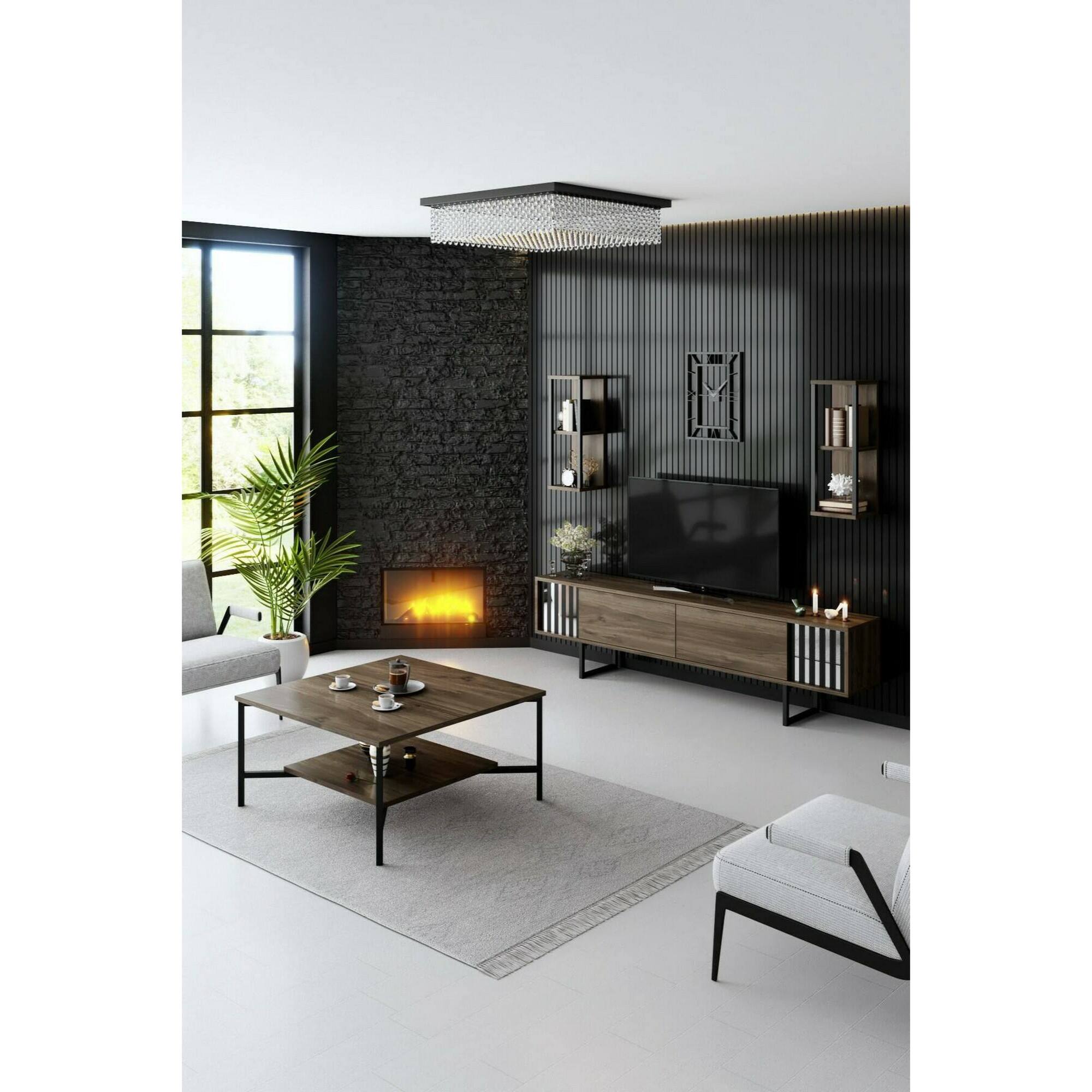 Tavolino da salotto Mia, Tavolo basso da caffè, Portariviste per divano, Ripiano da soggiorno, 80x80h40 cm, Noce e Nero