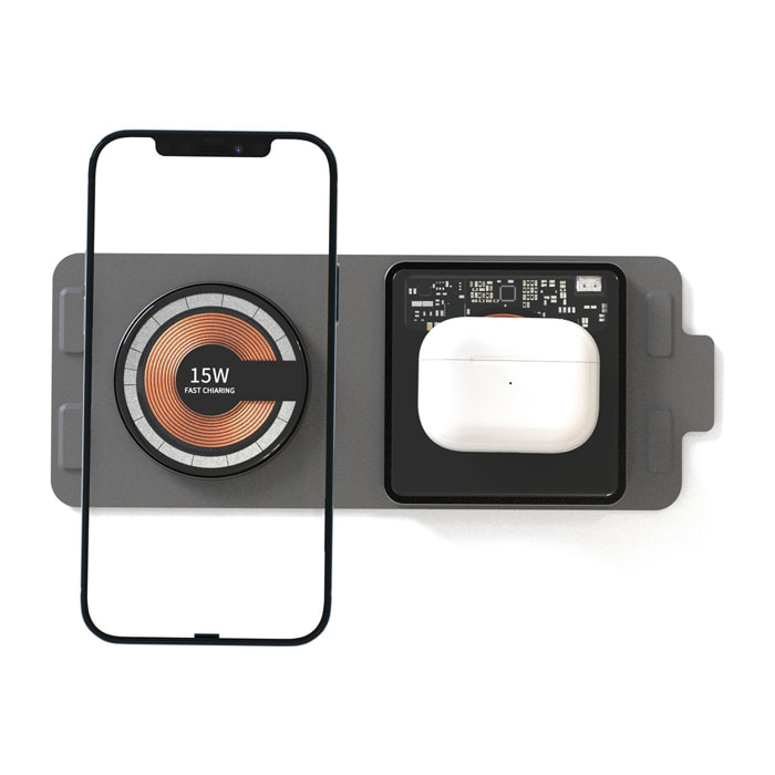 Caricabatterie wireless portatile pieghevole 15W, Qi + Magsafe. Doppia base di ricarica.