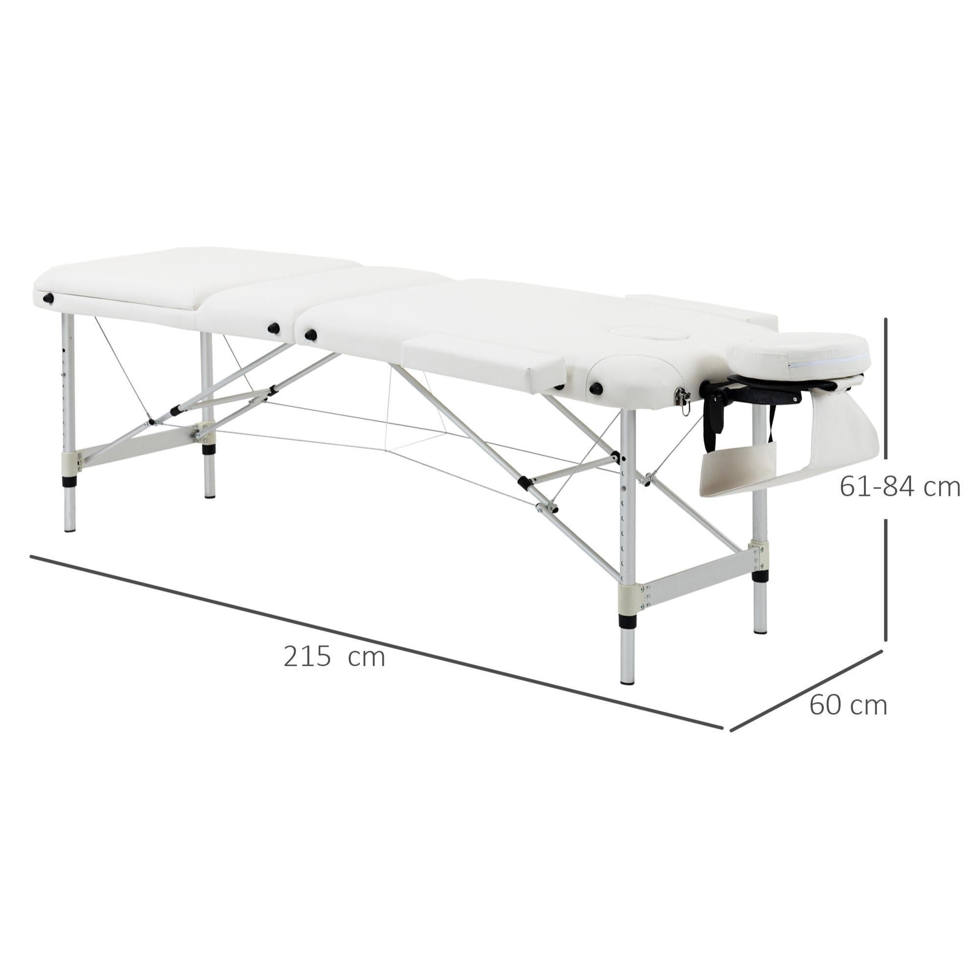 Table de massage pliable 3 zones hauteur réglable dim. 215L x 60l x 61-84H cm alu. synthétique PVC blanc