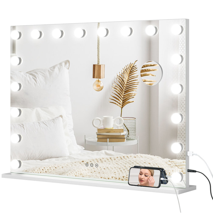 Miroir maquillage Hollywood lumineux LED intensité réglable grossissant charge USB support blanc