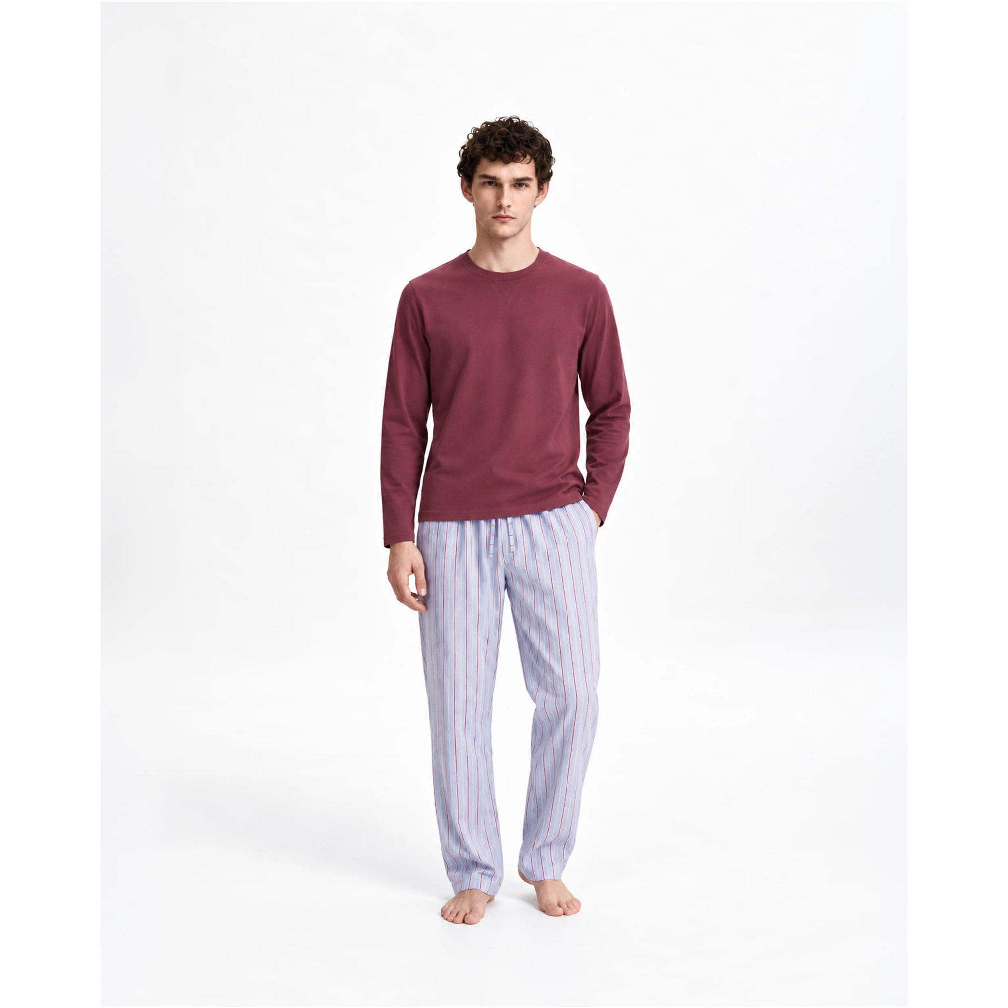 Pigiama lungo in cotone a righe ciel bordeaux