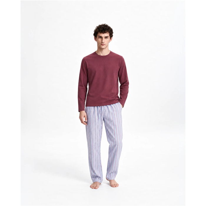 Pigiama lungo in cotone a righe ciel bordeaux