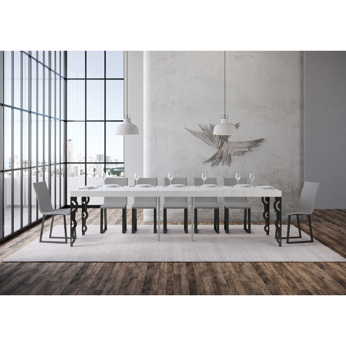 Consolle allungabile 90x40/300 cm Karamay Premium Bianco Frassino telaio Antracite