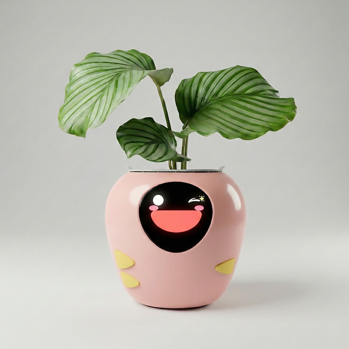 Vaso intelligente A2 con sensori interni ed esterni, schermo interattivo con espressioni facciali, batteria da 2200mAh e monitoraggio completo della pianta.