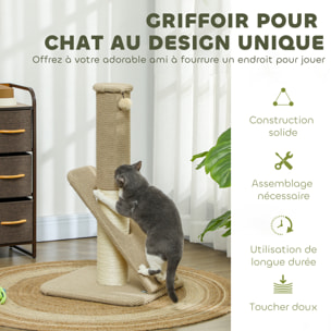 Griffoir chat taille M - Poteau à griffer H.84 cm, jeu boule - sisal naturel revêtement patchwork grain d'ananas beige