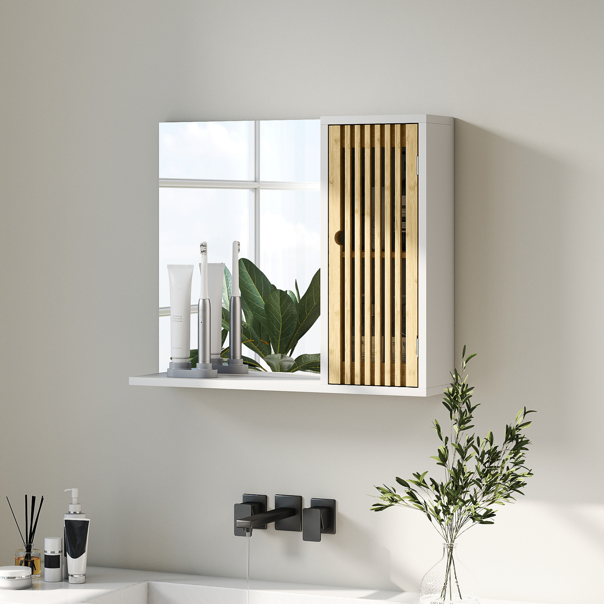 Miroir étagère style cosy - armoire miroir salle de bain 1 porte - bambou blanc