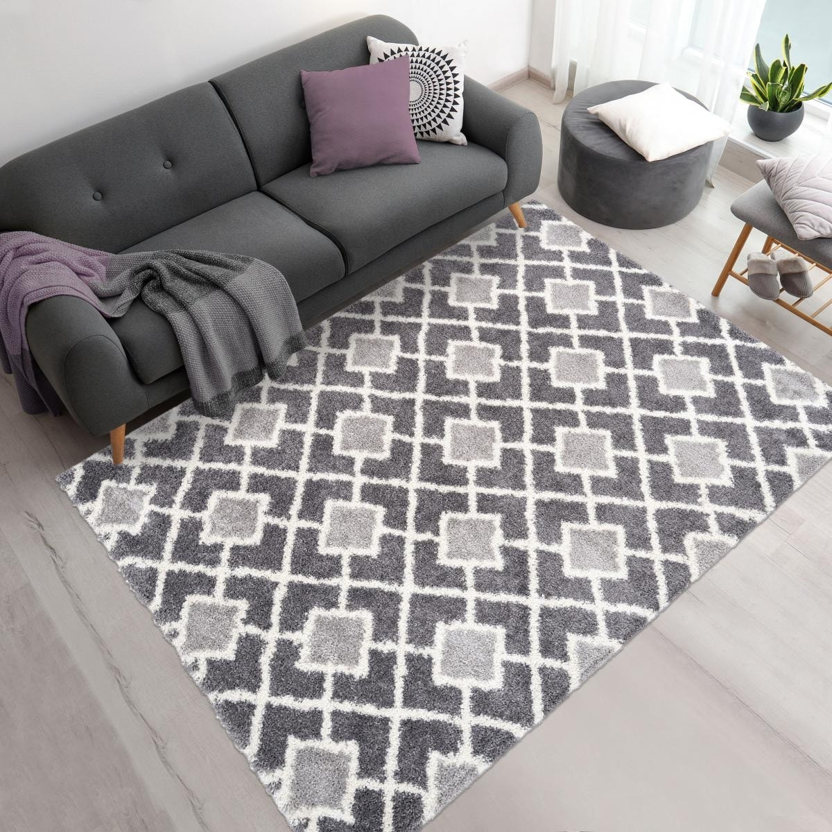 Tapis longs poils shaggy tissé motif scandinave RUSU