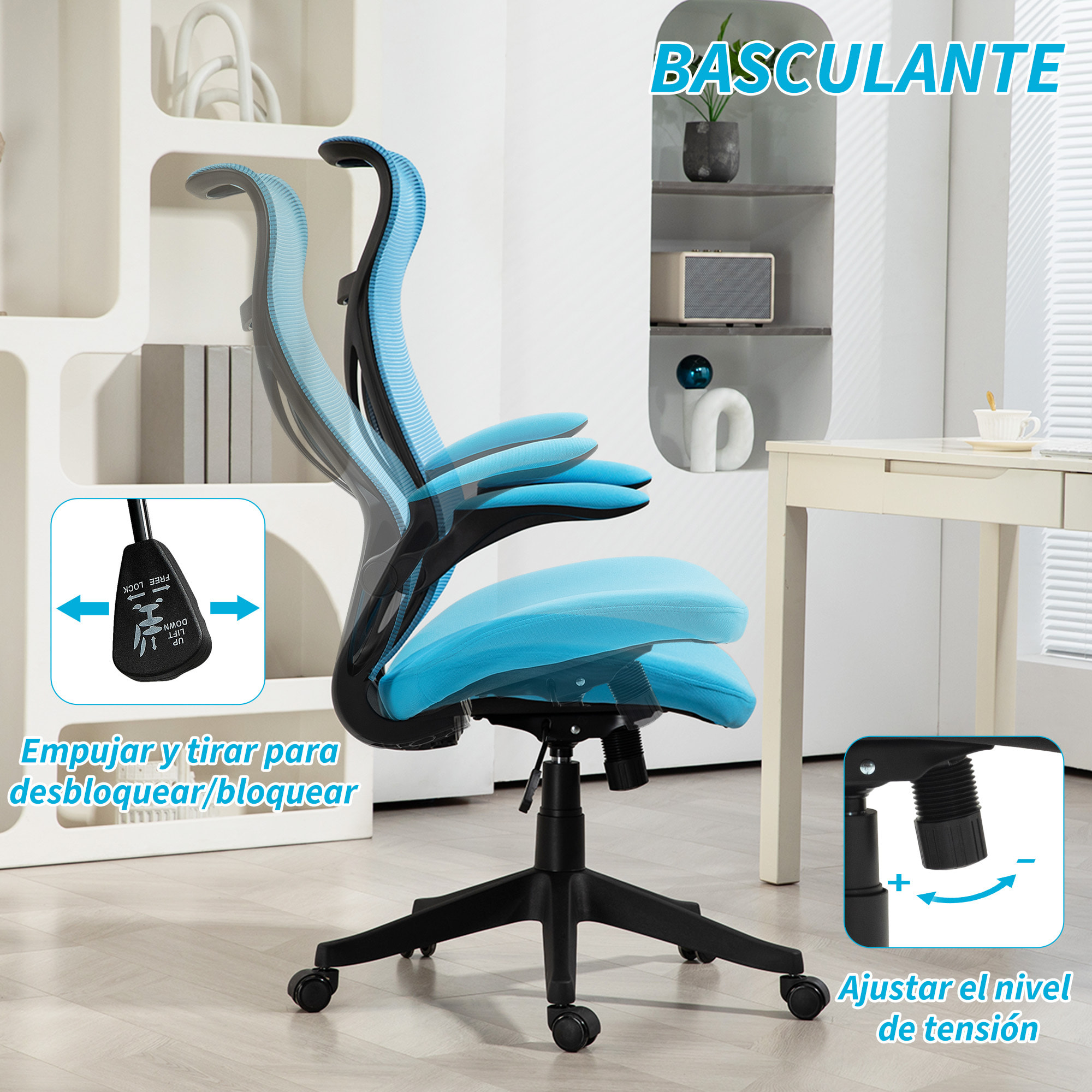 Silla de Escritorio de Malla Silla de Oficina Giratoria con Altura Ajustable Reposabrazos Abatibles y Función de Basculante Silla para Estudio Carga 120 kg Azul Claro