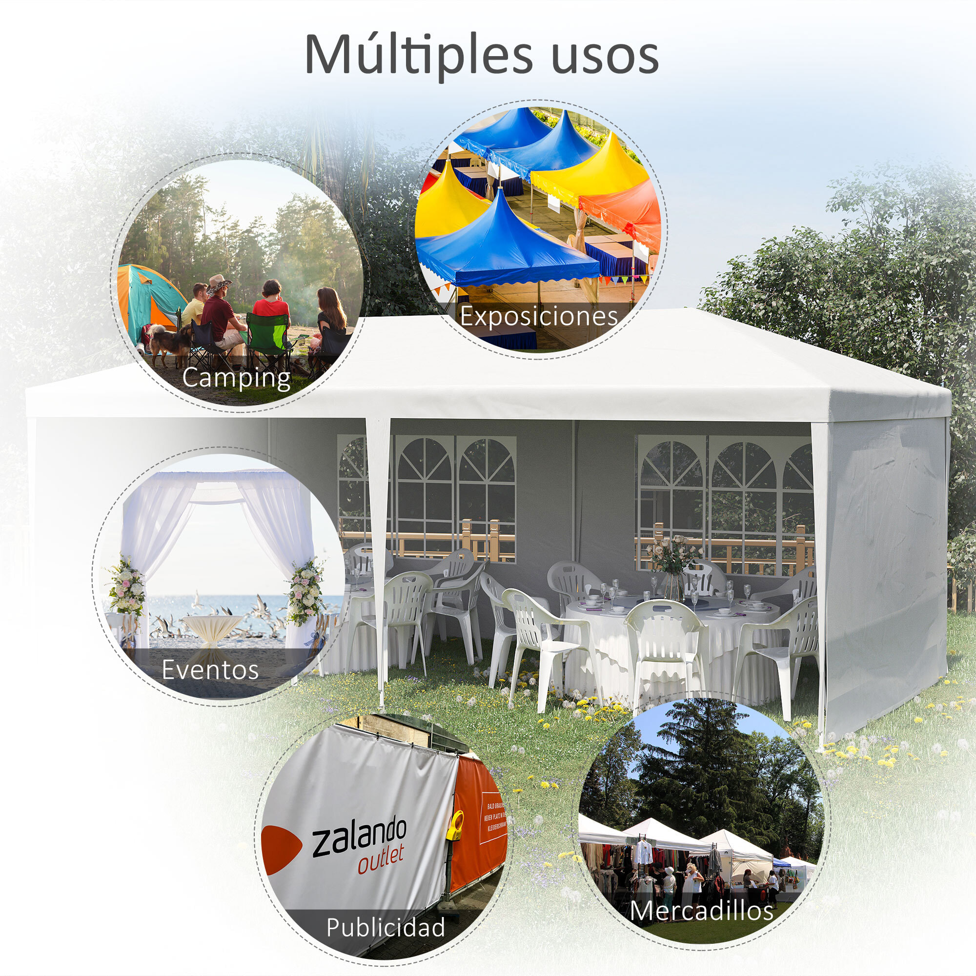 Carpa de Jardín 6x3 m con 4 Paredes Laterales y 2 Ventanas Visibles Cenador Gazebo de Exterior con Marco de Acero para Fiestas Eventos Bodas Blanco