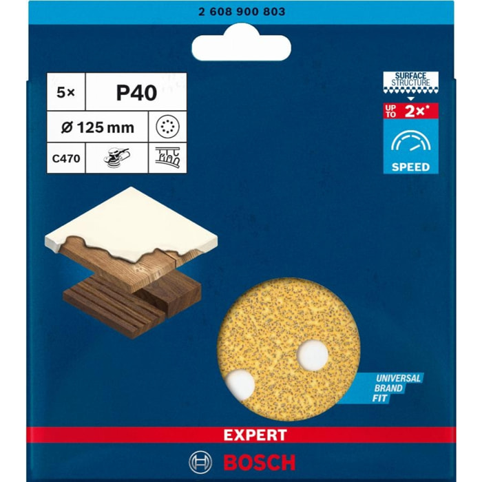 Feuille abrasive BOSCH EXPERT C470 pour ponceuse excentrique perforé - Grain 180 Ø 125 mm 5 pieces - 2608900808