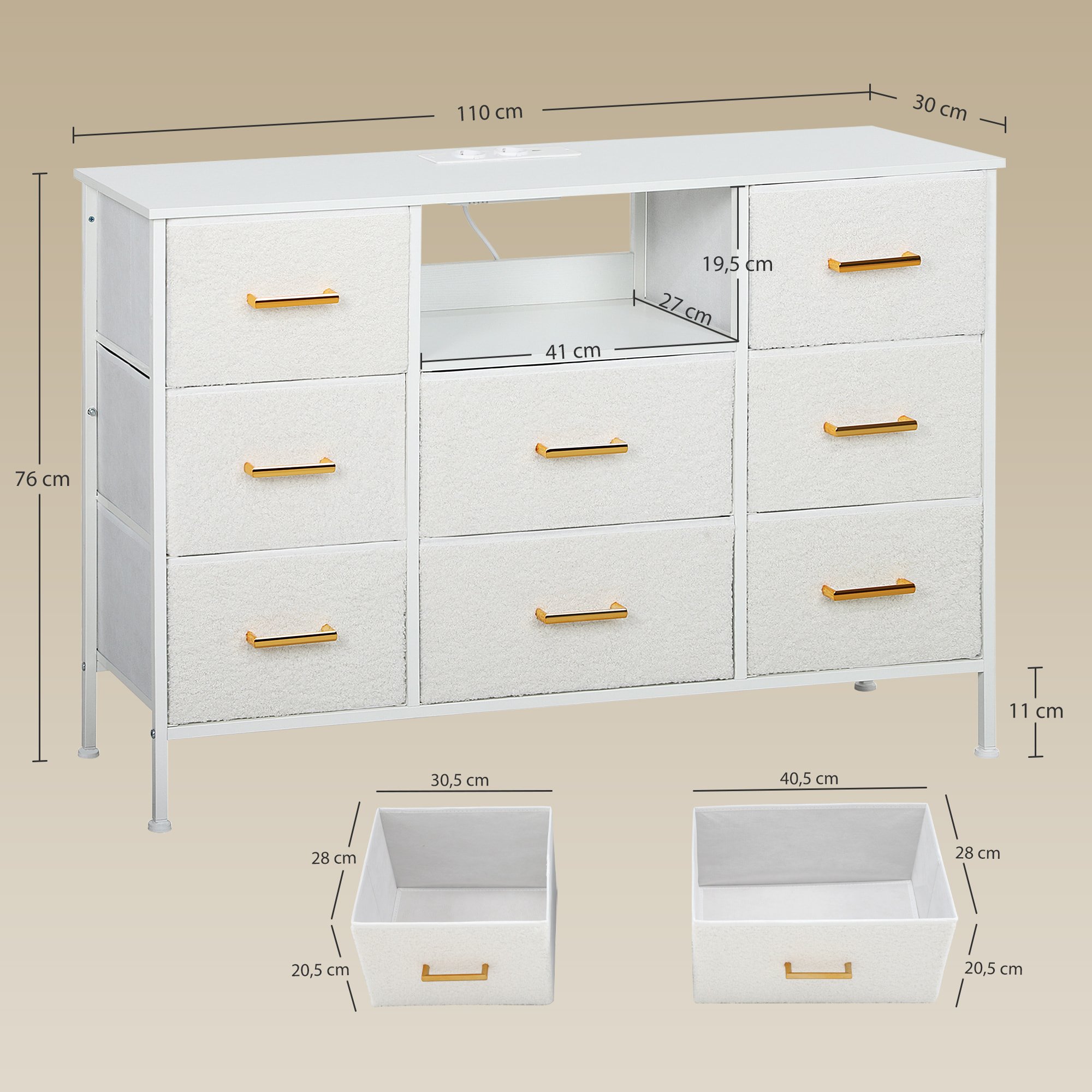 Commode design effet bouclette 8 tiroirs non tissés niche poignées métal doré acier blanc