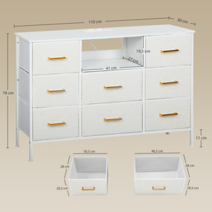 Commode design effet bouclette 8 tiroirs non tissés niche poignées métal doré acier blanc