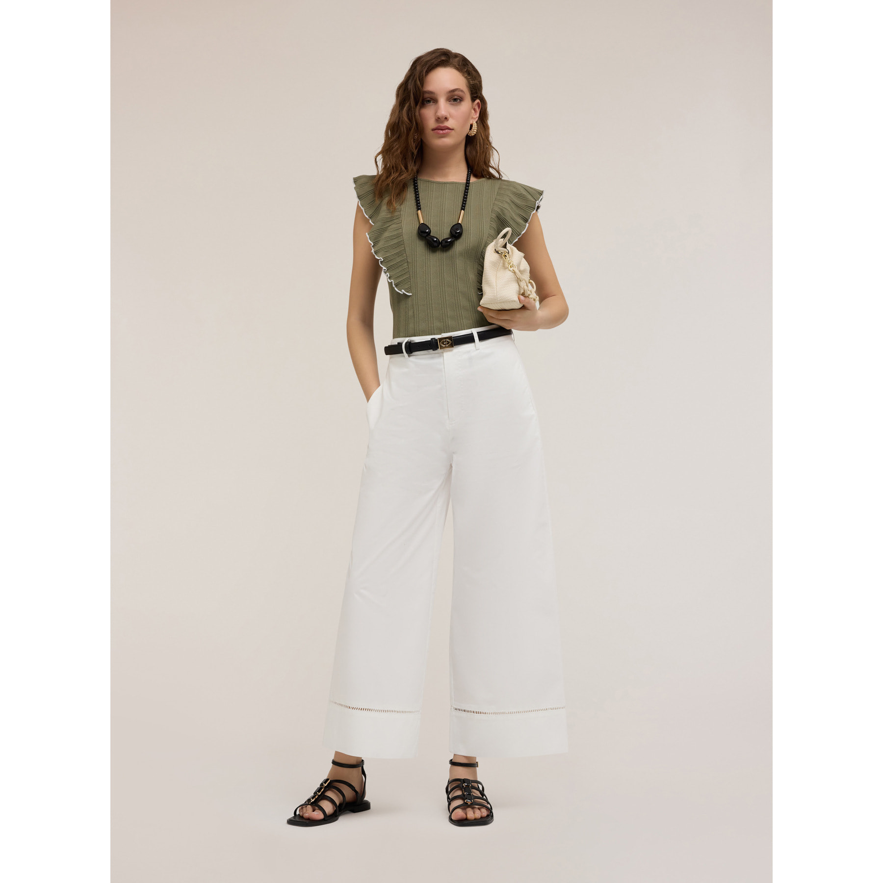 Motivi - Pantalones anchos con detalle calado - Blanco