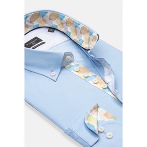 Camicia Uomo 1 Bottoni Button Down Slim Popeline Stretch Unito Celeste