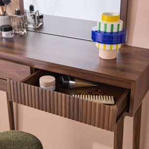 Coiffeuse décor bois LINEAR miroir arrondi 2 tiroirs 90 cm. façade striée. Noyer