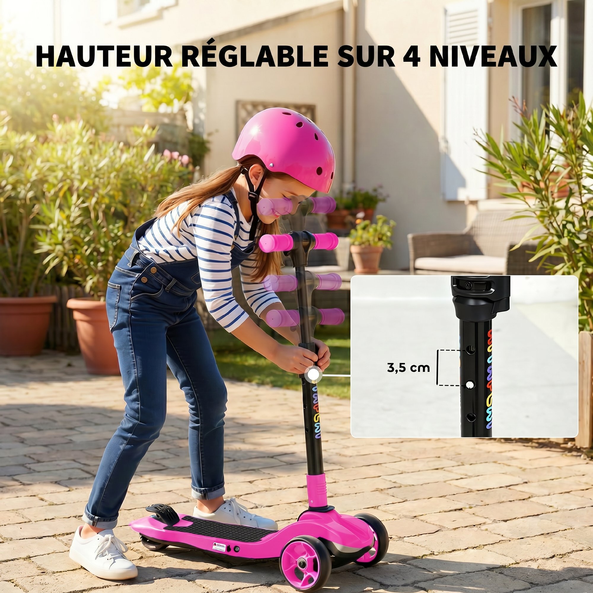 Trottinette électrique enfant pliable 3 roues 8 Km/h max LED rose