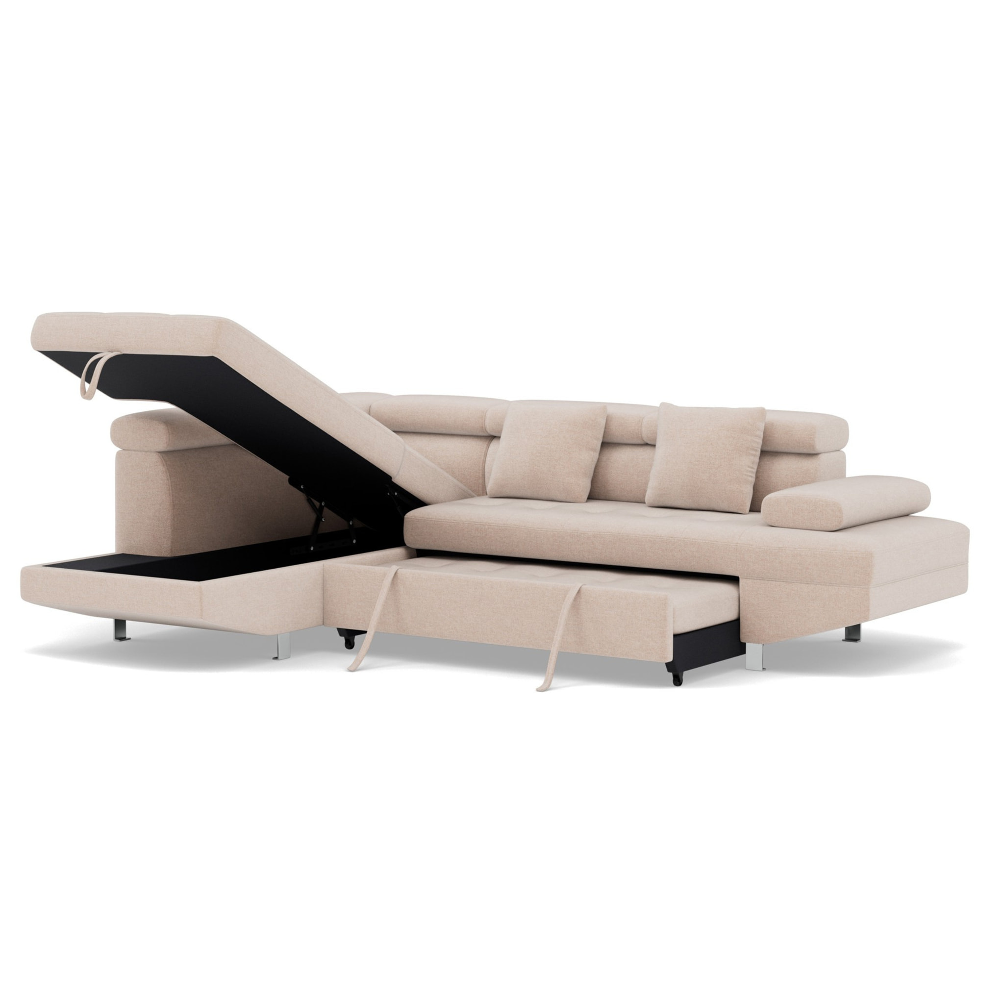 Margaux - Canapé d'angle gauche 5 places convertible avec coffre et têtières réglables en velours texturé - Beige