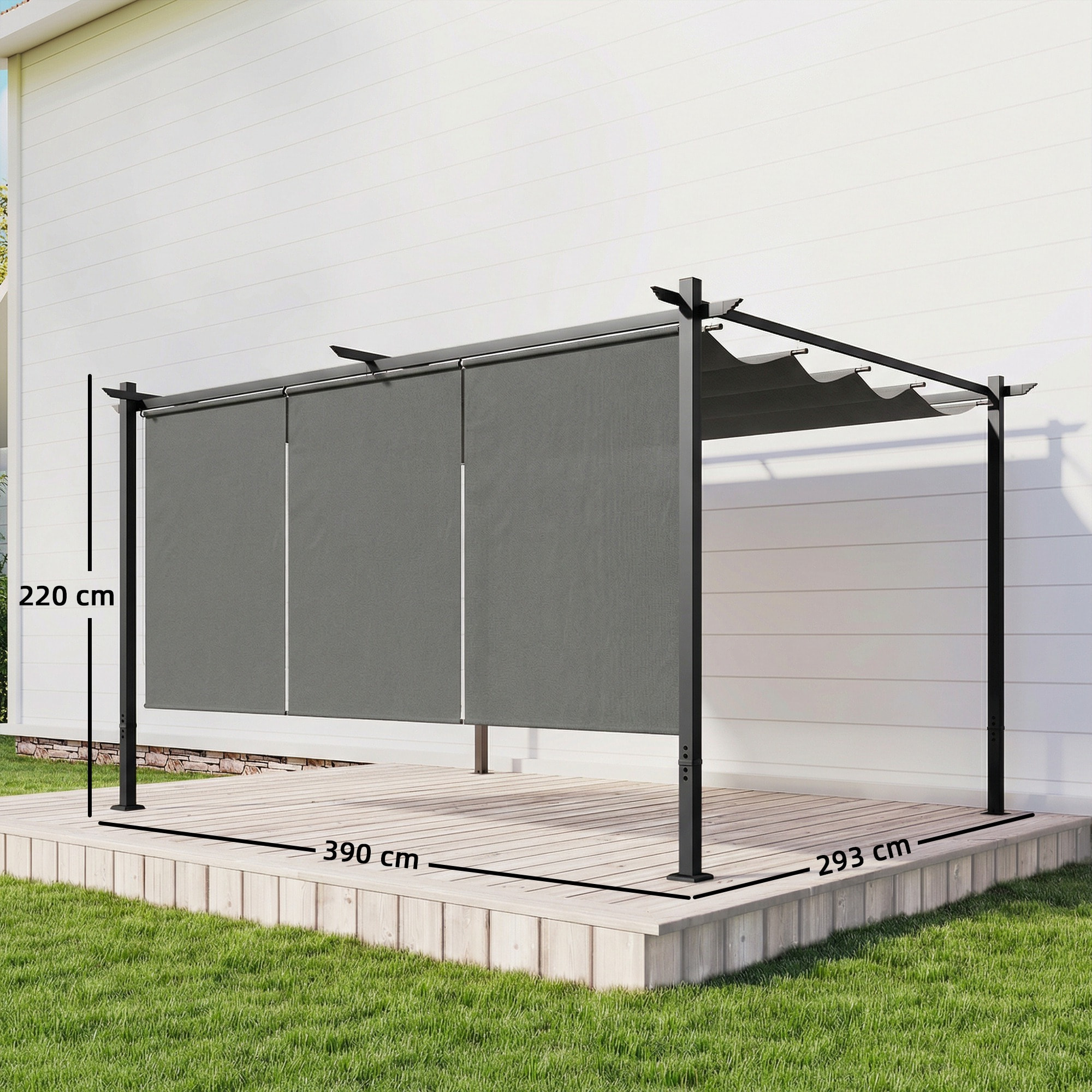 Pérgola de Jardín 4x3 m con Techo Retráctil y 3 Laterales Enrollables, Cenador de Jardín Montado en Pared o Independiente, con UPF30+, Estructura Metálica, Pabellón para Exterior, Gris