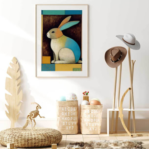 Affiche enfant lapin dans la boîte  Affiche + cadre en bois - Chêne