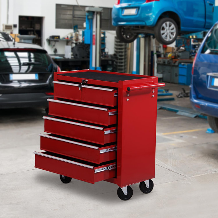 HOMCOM Carro caja de herramientas taller movil con 5 cajones 4 ruedas chapa de Acero Rojo