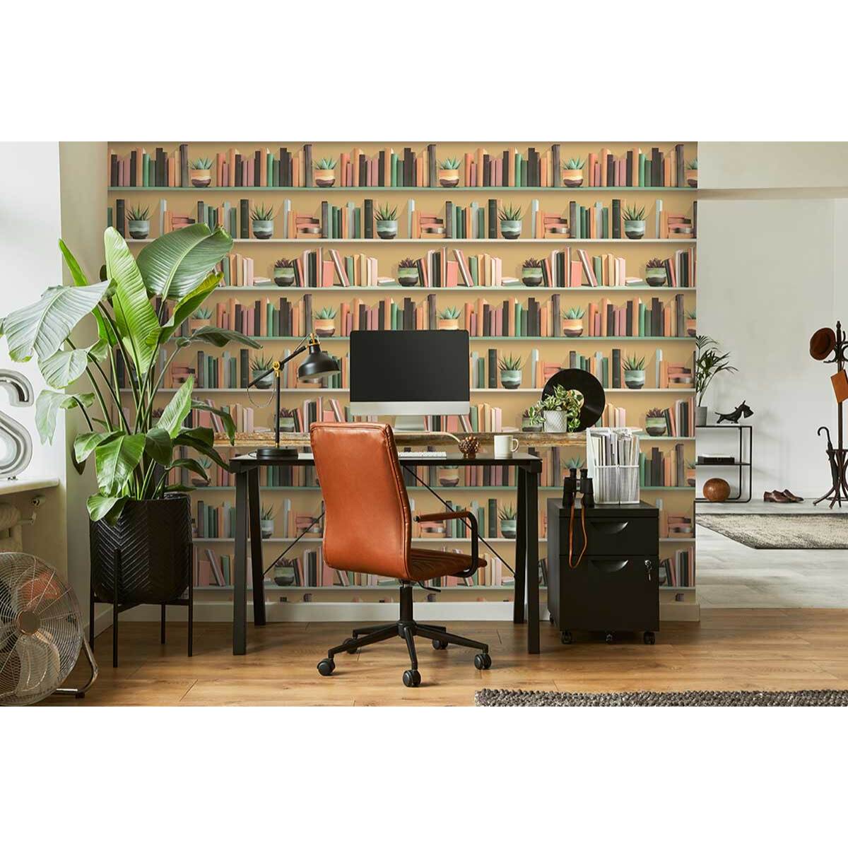 Papier peint étagères livres fond beige chaleureux