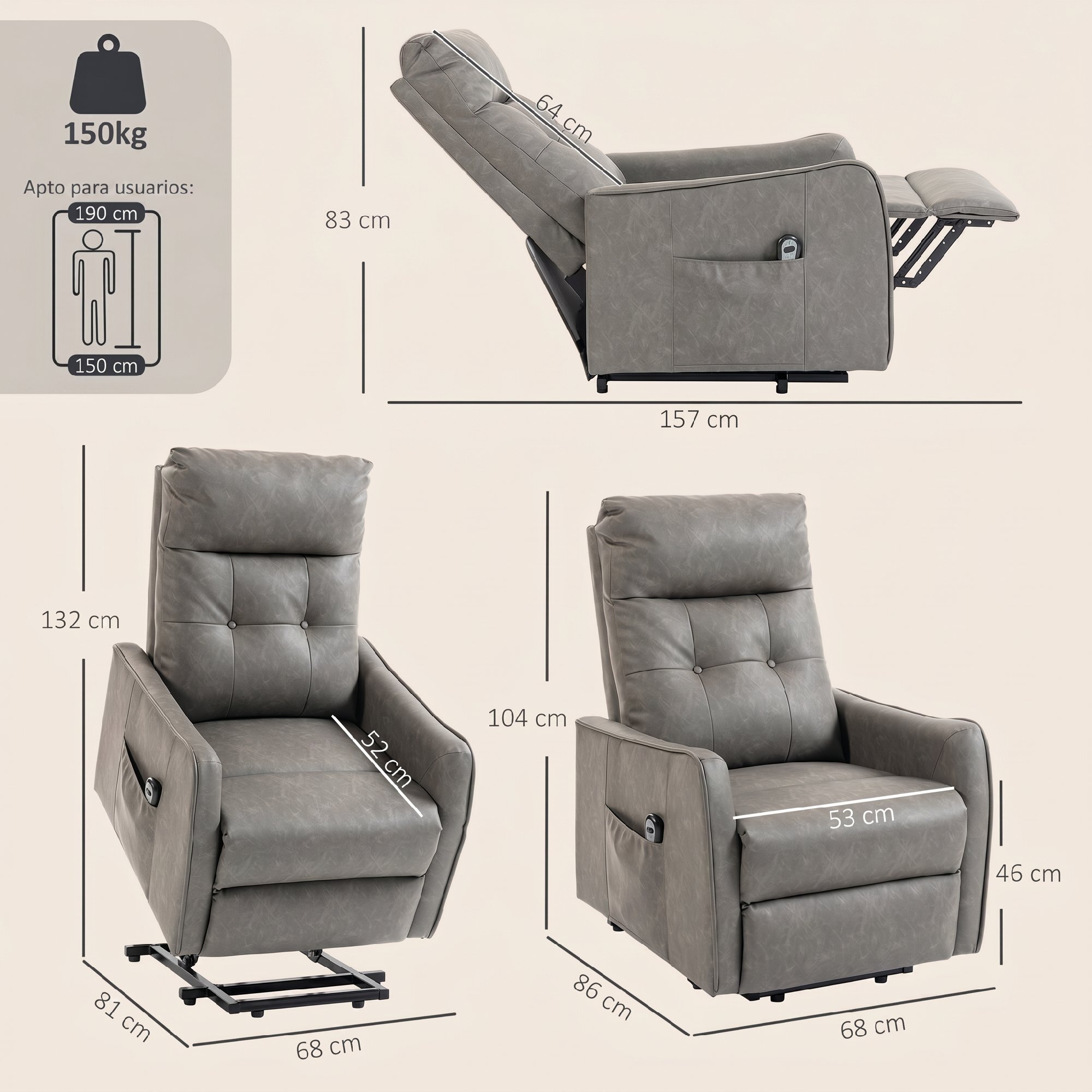 HOMCOM Sillón Relax Reclinable Eléctrico Levanta Personas, Tapizado en Cuero PU, Sillón Elevador con Control Remoto, Asiento de Muelles, Reposapiés, Respaldo Alto, Bolsillos Laterales, Gris Oscuro