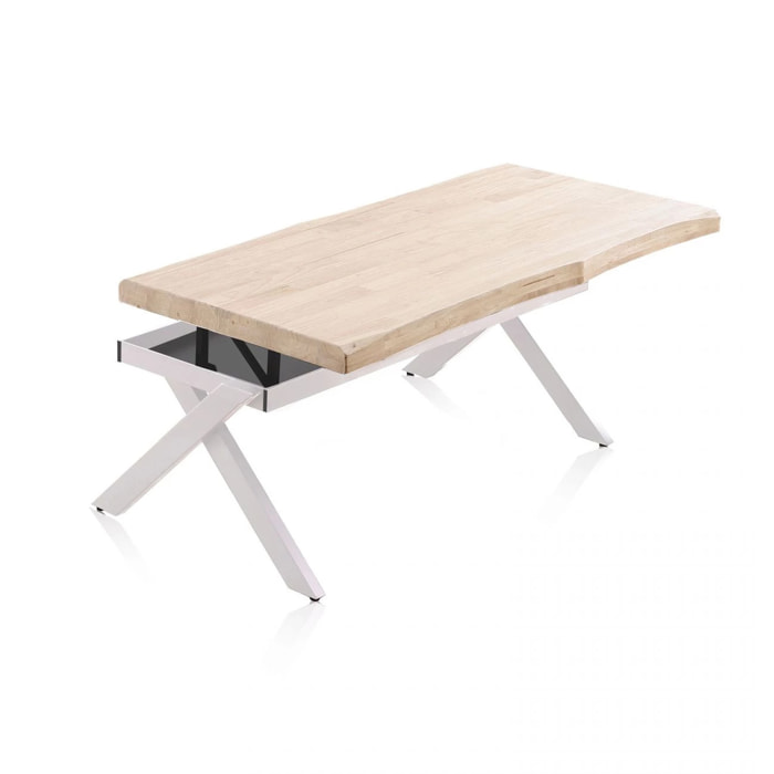 Mesa de centro elevable con patas metálicas en blanco y roble 120x47-62 cm Xena Fit Roble - Blanco
