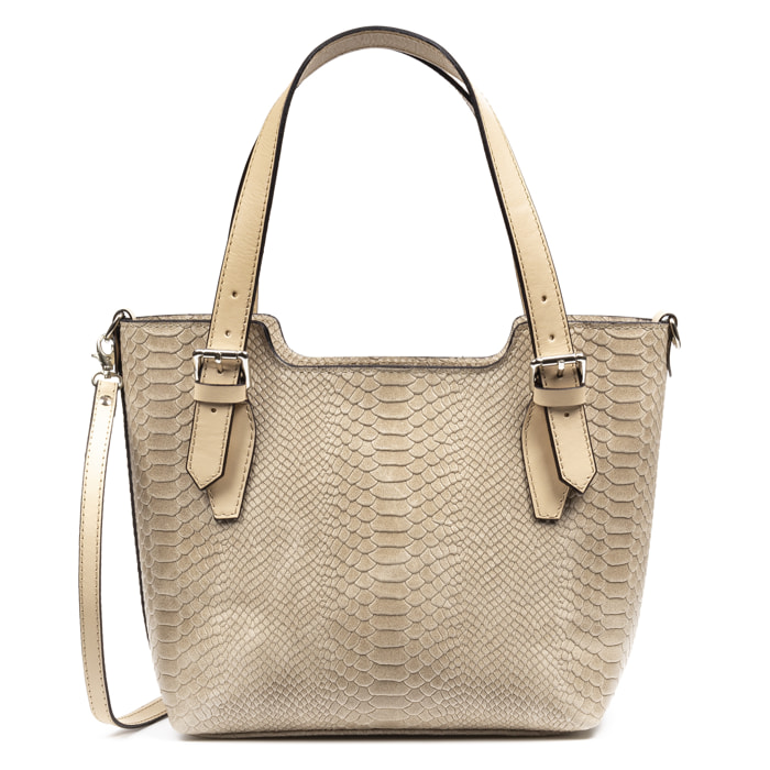 FIRENZE ARTEGIANI Borsa Tote da Donna Arezzo. Vera Pelle Scamosciata Incisione Serpente Made in Italy 37x14x27 Cm. Colore: Tortora