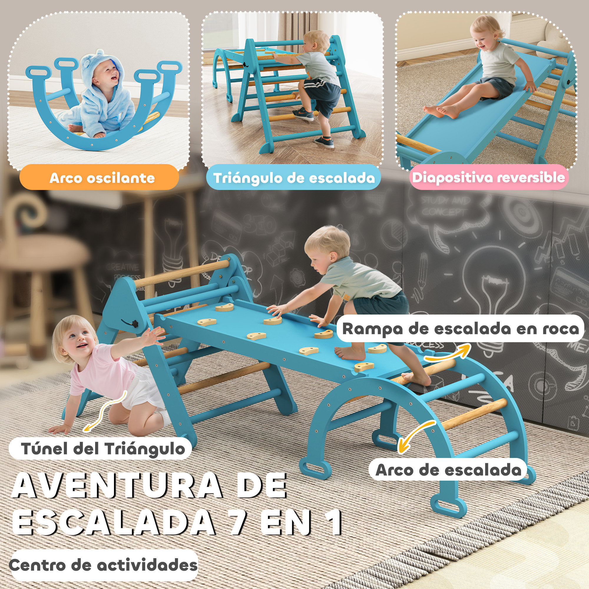 7 en 1 Triángulo de Escalada Montessori con Arco y Rampa, Escalada para Niños de Madera Plegable, para 18-48 Meses, para Deslizarse o Escalar, 188x70 cm, Azul