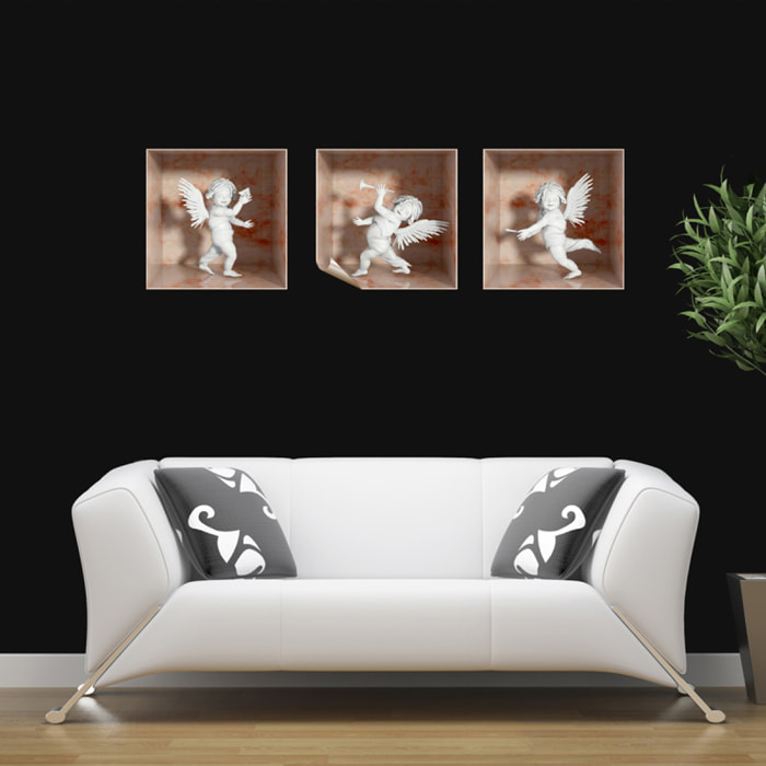 Stickers muraux 3D | Sticker Mural Autocollant effet 3D 3 anges marbre rose - Stickers adhésifs 3D Chambre Salon Trompe l'oeil