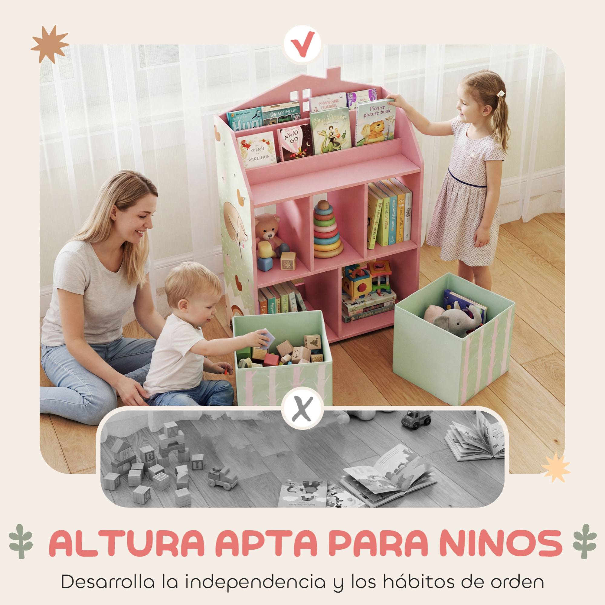 Estantería Infantil para Juguetes con Cajones de Tela, Estantes Abiertos, Diseño de Zorros, Organizador de Juguetes para Dormitorio, Sala de Juegos, Guardería, Rosa