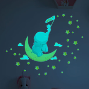 Sticker phosphorescent lumineux - ÉLÉPHANT ET LAPIN ATTRAPENT LES ÉTOILES + 110 ÉTOILES