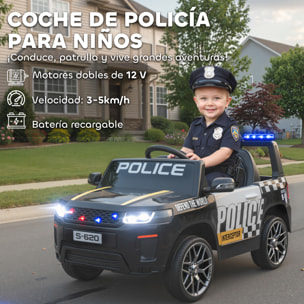 Coche Eléctrico para Niños de Policía, Coche de Batería 12V, con Motor Doble, Mando a Distancia 2,4 G, Suspensión en 4 Ruedas, Sirena, Faros LED, Puerto USB, Blutooth y Música, Negro