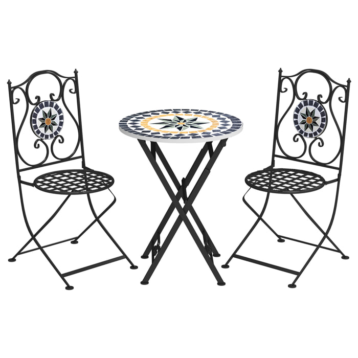 Conjunto de Jardín Exterior de 3 Piezas Muebles de Jardín Exterior con Mesa Redonda Sillas Plegables y Patrón de Mosaico Geométrico para Terraza Patio Balcón Multicolor