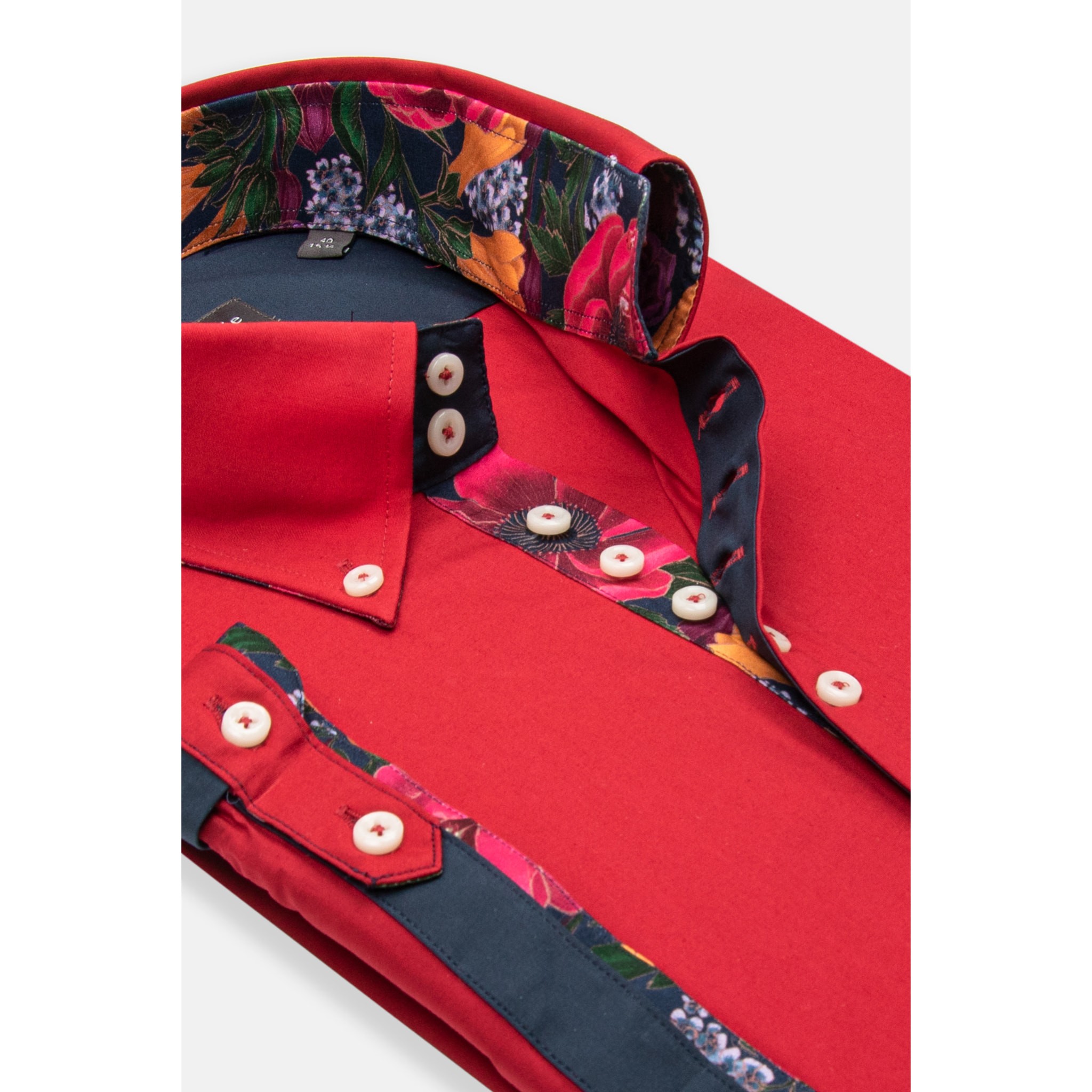 Camicia Uomo Manica Corta 2 Bottoni Button Down 7 Botto Popeline Stretch Unito Rosso