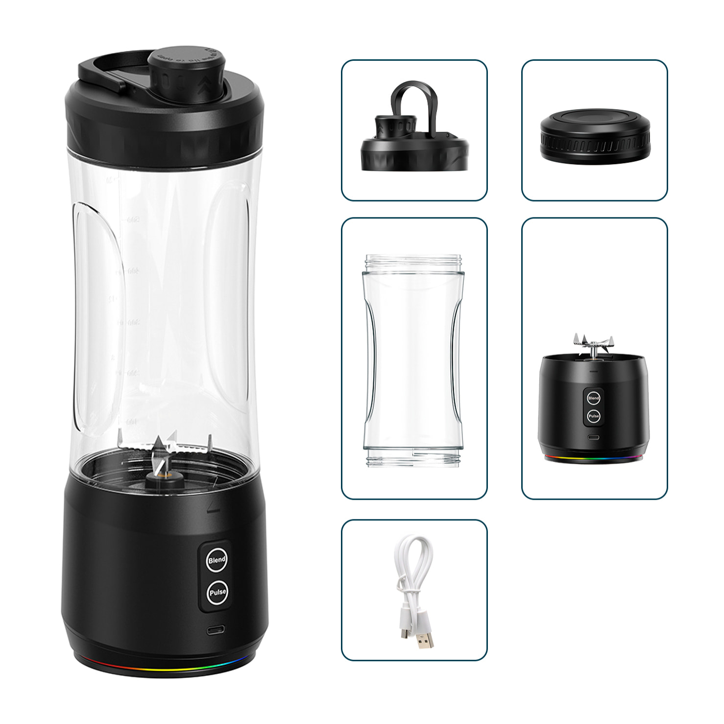 Batidora portátil A11-2.0 de 600 ml con potente motor de 240W, batería de alta capacidad de 6000mAh y sistema de rotación bidireccional. Con luces LED.