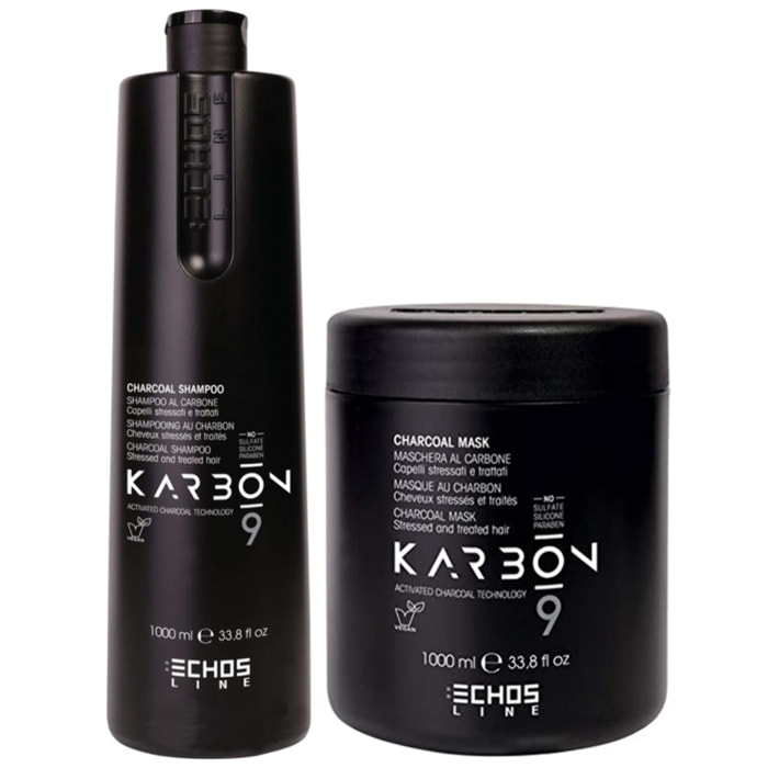 ECHOSLINE Kit Karbon9 Champú Carbón 1000ml + Mascarilla 1000ml Para Cabello Estresado