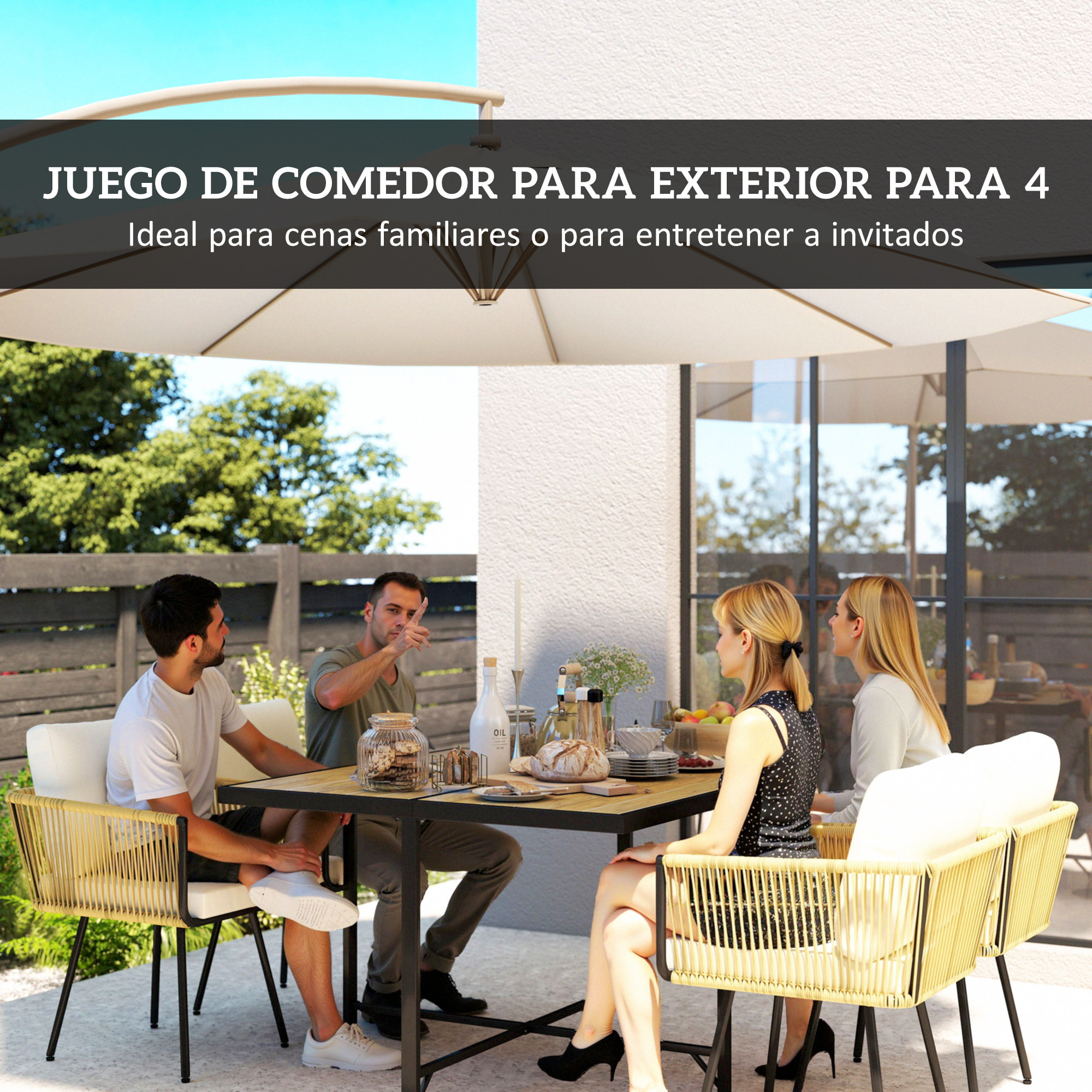 Conjunto de Mesa y Sillas Jardín de Ratán de 5 Piezas, Muebles Jardín Exterior con Mesa de Plástico-Madera y 4 Sillas con Cojines Extraíbles, Marco de Metal Resistente para Terraza, Beige