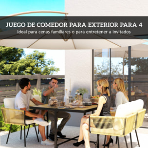 Conjunto de Mesa y Sillas Jardín de Ratán de 5 Piezas, Muebles Jardín Exterior con Mesa de Plástico-Madera y 4 Sillas con Cojines Extraíbles, Marco de Metal Resistente para Terraza, Beige