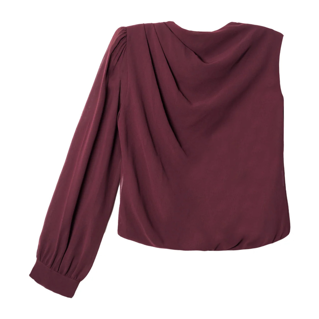 Blusa asimétrica de gasa con cuello chimenea y manga larga