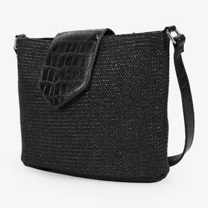 Bolso bandolera negro en rafia con solapa
